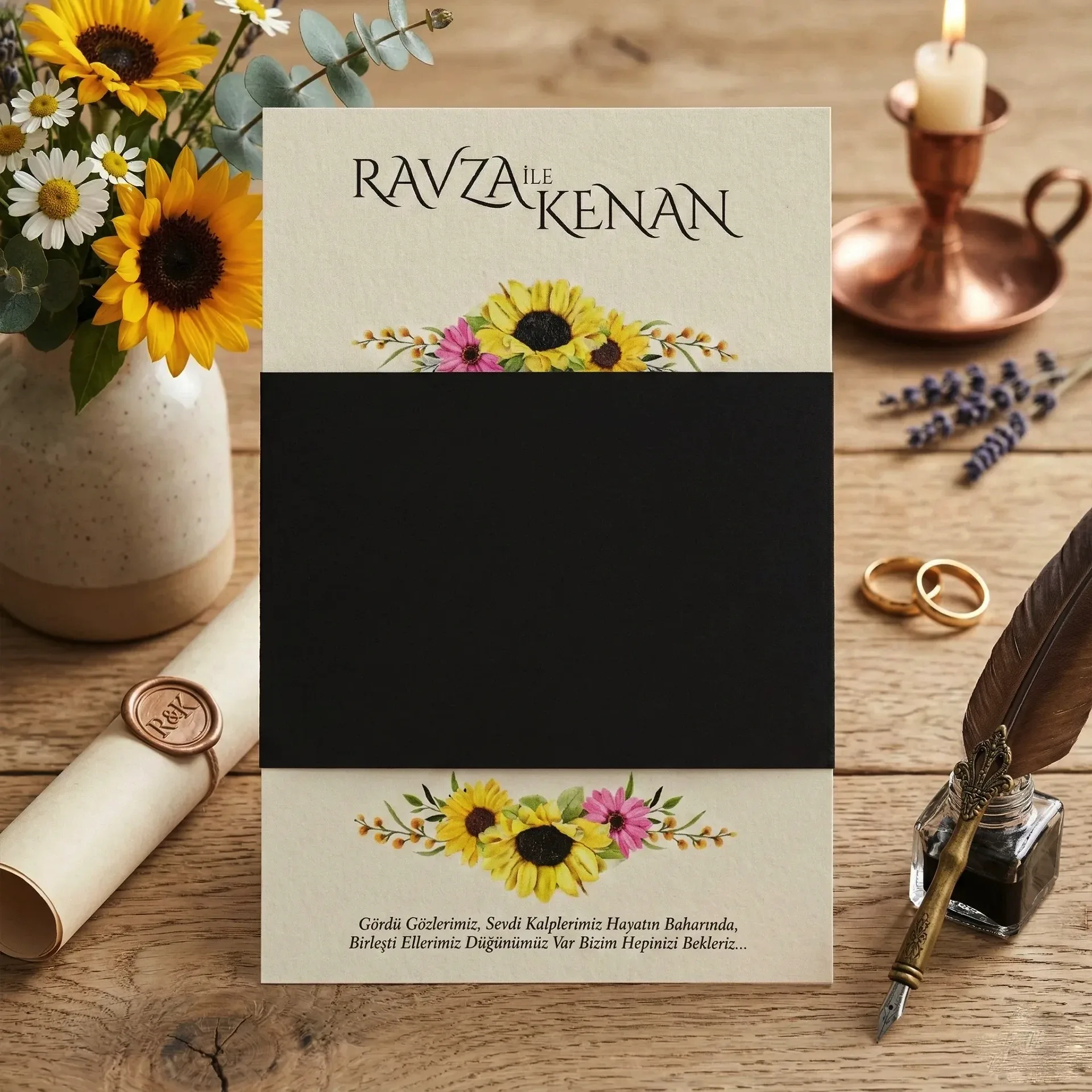 Hızlı Davetiye Romantik Ayçiçeği Desenli Davetiye 55 602
