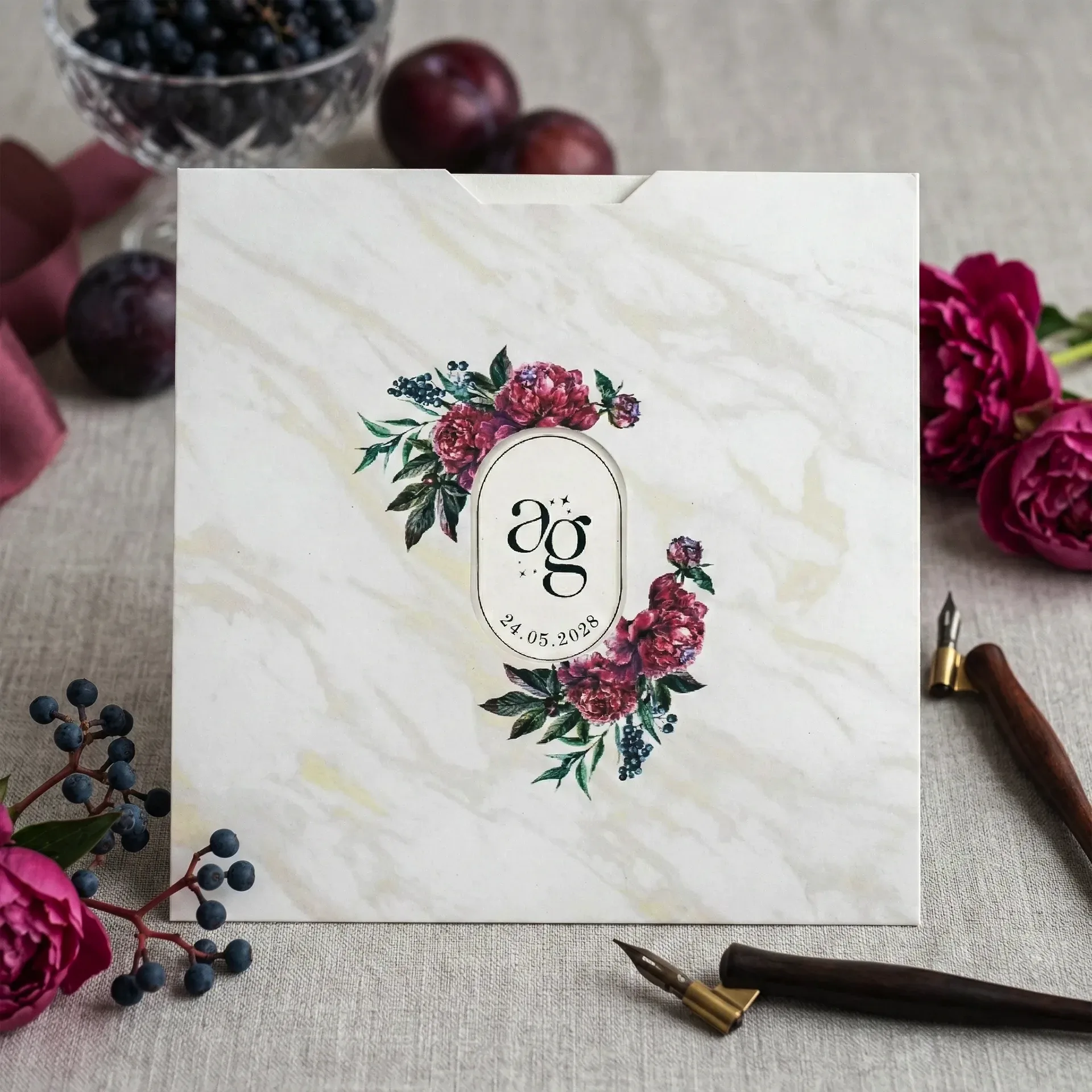 Hızlı Davetiye Mermer Desenli Çiçekli Davetiye 55 301