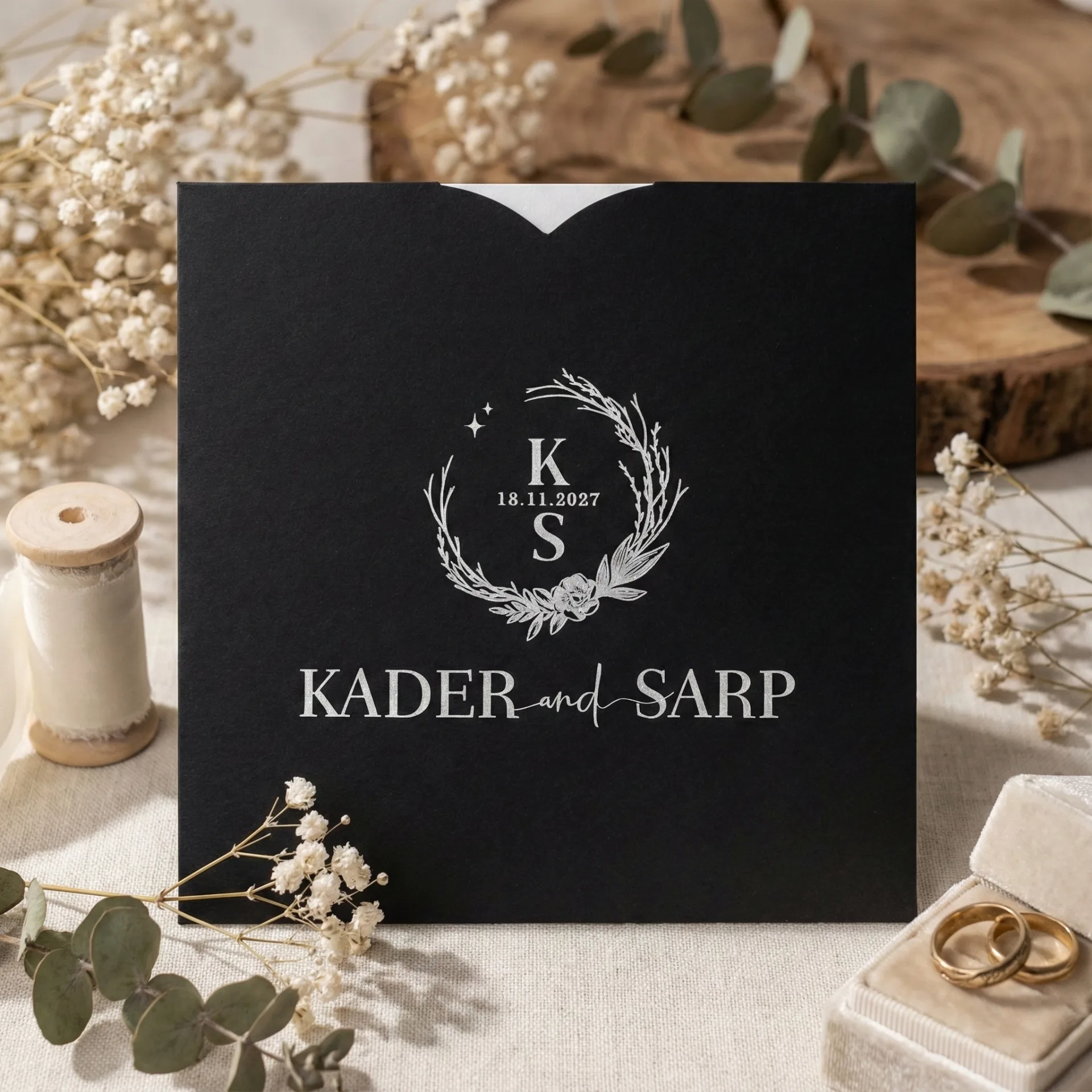 Hizli Davetiye Siyah Zeminli Gümüş Desenli Kare Davetiye 55 208