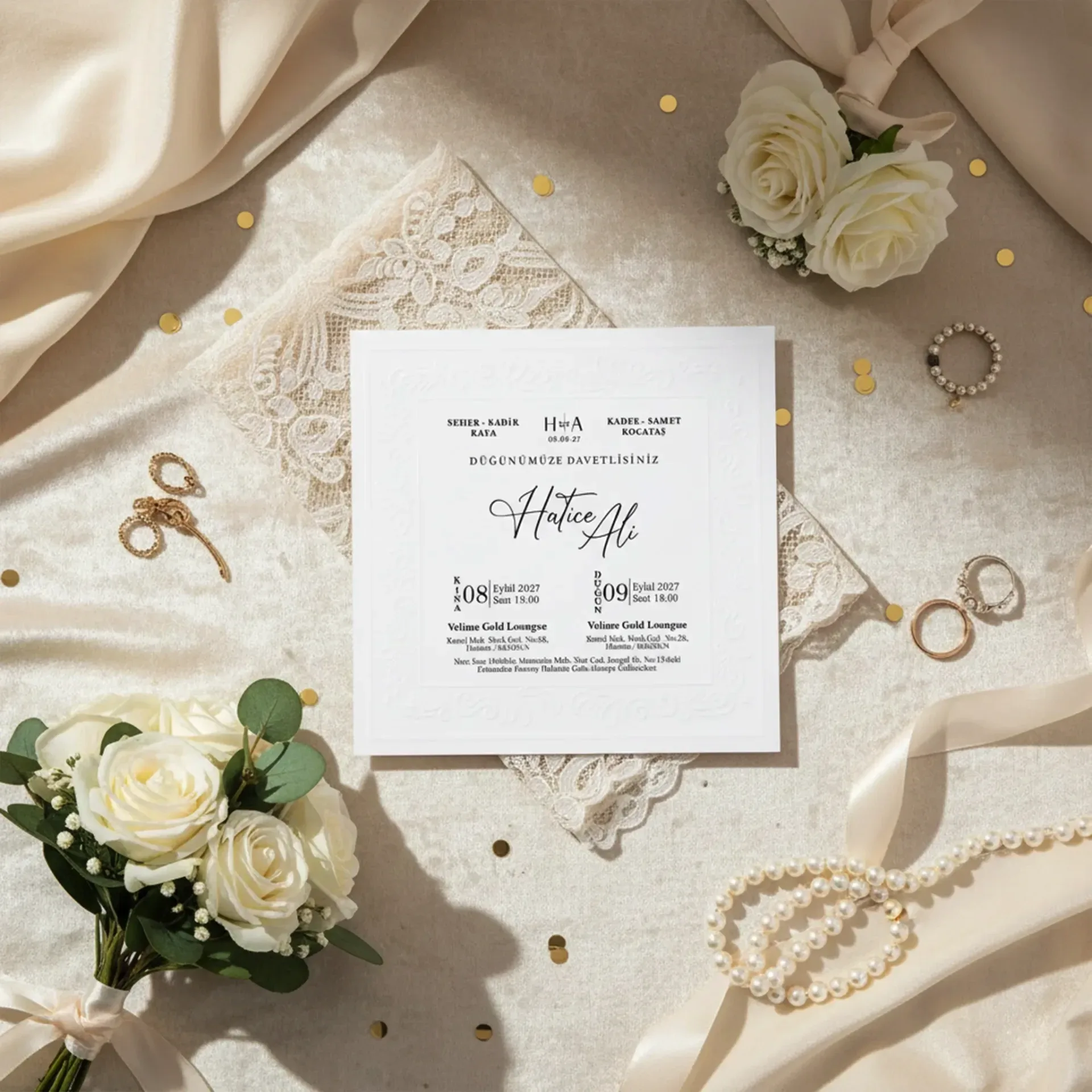 Hizli Davetiye Kabartmalı Beyaz Sade Lüks Davetiye 55 552