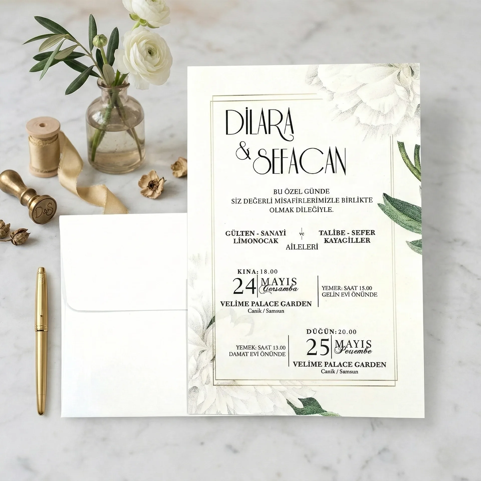 Hizli Davetiye Beyaz Çiçek Desenli Modern Davetiye 55 856