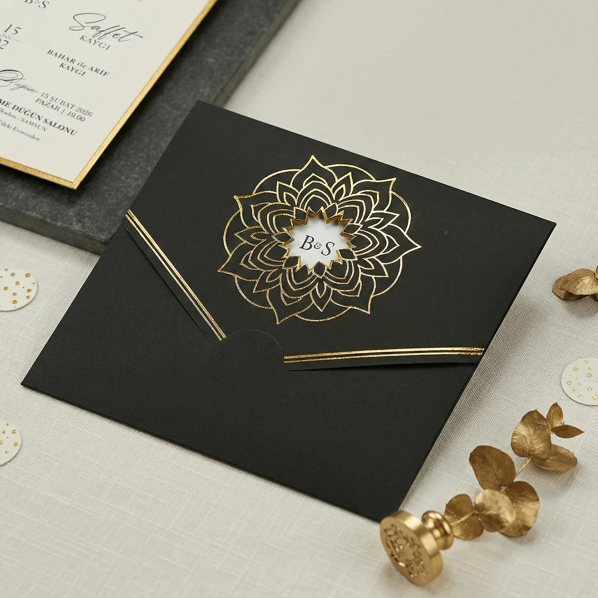 Hizli Davetiye Altın Mandala Detaylı Siyah Davetiye 55 216